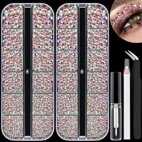 3600pcs Face Gems Eyes Jewels with Glue, Round Glass Crystal AB & Clear & Mixed Color Iridescent Chameleon Rhinestones, Half Round White & Beige Pearls with Dotting Tools, for Body Make-up, Nail Art
