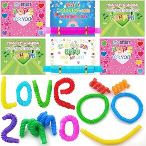 32 Pack Valentines Gifts for Kids, Valentines Cards for Kids with Pop Tubes, Stress Relief Fidget Toys for Valentine Classroom School Exchange Prizes Party Favors Supplies