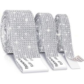 Cludoo 3 Rolls Rhinestone Ribbons, Silver Self Adhesive Rhinestone Strips, Diamond Rhinestone Roll Rhinestone Tape Bling Wrap, Bling Stickers Rhinestones for Crafts Decoration Car DIY Wedding Party