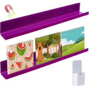 2 Pcs Magnetic Book Shelf for Whiteboard - Reusable Acrylic Magnetic Book Holder with a Pen Container, Book Display Shelf for Teacher Kids Classroom Office, Purple