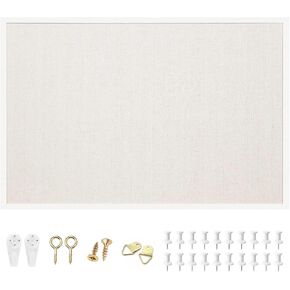 OWLKELA 24'' x 36'' Linen Bulletin Board, White Framed Corkboard, White Oak Frame Linen Cork Board, Vision Board and Decorative Hanging Pin Board