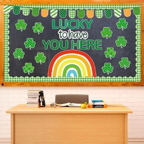 St.Patrick Day Rainbow Bulletin Board Classroom Decorations Lucky to have You Here Cutouts Set with Buffalo Plaids Border Shamrock and String Flags St.Patrick Party Supplies Home School Wall Decor