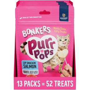 Bonkers Purrpops, Freeze Dried Salmon Flavored Lollipop Cat Treats, Cat Treats, Treats for Training, for All Breeds and Ages, Food Topper (13 Pack, 52 Pieces)