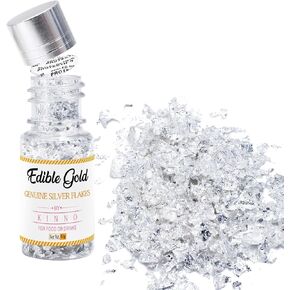 KINNO 100mg Edible Silver Flakes and Sprinkles, Metallic Glitter Flakes for Drinks, Edible Silver Flakes for Skin Care, Decorative Dishes, Silver Leaf for Cooking, Cakes & Chocolates