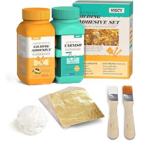 Gold Leaf Adhesive, Gilding Adhesive Set with 100ml Water Based Metal Leaf Glue and 100ml Varnish, 100 pcs Gold Foil, 2 Brushes, Gold Foil Wiping Cotton, for Arts, Crafts and Painting.