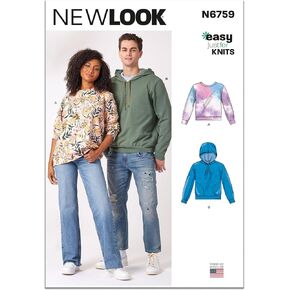 New Look Easy Misses' and Men's Sweatshirts Hood Variations Sewing Pattern Kit, Design Code N6759, Sizes S-M-L-XL-XXL, Multicolor