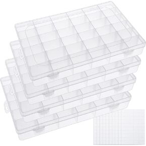 BAKHUK 4 Pack 36 Grids Clear Plastic Organizer Box Storage Container with Adjustable Divider, Tackle Box Organizer Bead Organizer Art Crafts Jewelry with 400 Label Stickers