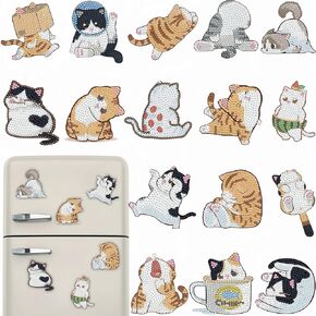 16 Pcs Diamond Painting Magnets Kits Cute Cat Diamond Art Fridge Magnet Refrigerator Sticker Diamond Painting kit for Beginners Adults DIY Art Craft Gifts Home Decors (cat)