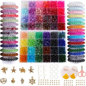 Glass Beads for Jewelry Making, 1280pcs + 8mm 48 Colors Round Crystal Glass Beads Bracelet Making Kit, Bead Starter Kit for Birthday Holiday Gifts