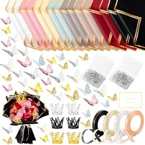 382 Pcs Flower Wrapping Paper, 80 Sheets Waterproof Flower Bouquet Wrapping Paper with 72 Pcs 3D Butterfly Decor 6 Pcs Crown 200 Bouquet Pins 4 Roll of Ribbons for Mother's Day Wedding DIY Craft