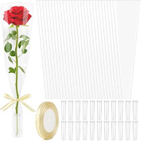 100Pcs Single Rose Sleeves with 100 Pcs Floral Water Tubes and Ribbons, Single Flower Bags Plastic Flower Wrap for Wedding, Birthday, Florist Supplies (Transparent)