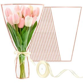 Mauproy 50 Pack White Flower Bags for Bouquets, 17.7 x 10.9 Inches Plastic Flower Sleeves Clear Front Floral Wraps with Ribbons for Florist Packaging Supplies
