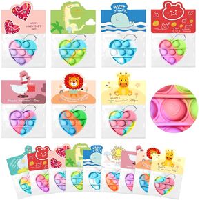 Valentines Day Gifts For Kids - Prefilled 36 Pack Heart Pop Fidget Keychain Toys Bulk with Valentine's Cards for Kids Classroom Exchange School Class Toddlers Boys Girls Party Favors