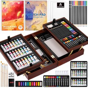 Art Supplies, Vigorfun Deluxe Wooden Art Set Crafts Drawing Painting Kit with 2 Sketch Pads, Oil Pastels, Acrylic, Watercolor Paints, Creative Gifts Box for Adults Artist Kids Teens Girls