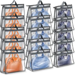 Shappy 15 Pieces Purse Dust Bags for Storage Dust Bags for Handbags, 3 Sizes Storage Clear Cover Organizer Purses with Zipper and Handles for Handbags Closet, 5 Each Size(Gray)
