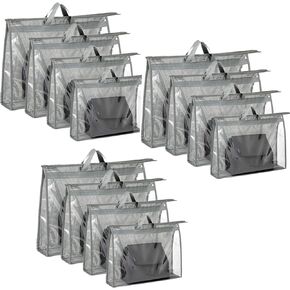 12 Packs Dust Bags for Handbag, Clear Purse Storage Organizer Bag for Closet with Zipper and Handle, 4 Size Hanging Dust Cover Bag for Purse Crafts Protector