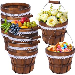 Round Wooden Basket, 6"x7" Handmade Harvest Basket with Lace, Bulk Apple Baskets with Handle for Easter, Garden & Storage, Small Rustic Bushel Baskets for Fruit, Gifts & Home Decor (10 Pcs)