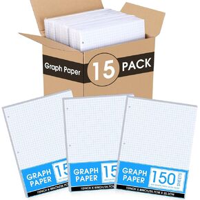 15 Pack Graph Paper, 8" x 10.5" Loose Leaf Graph Paper, 2250 Sheets Bulk 4 x 4 Inch Quad Ruled Grid Paper Filler Paper, 3 Hole Punched, 60 Gsm, 150 Pcs Each Pack, Office Student Supplies