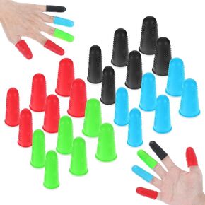 24PCS Rubber Fingers Tips 3 Sizes Silicone Finger Protectors Covers, Sleeve Fingertip Guard Grips Reusable Thumb Cots Thimbles Pads for Hot Glue Guns Sewing Sorting Paper Ironing(Black Red Blue Green)