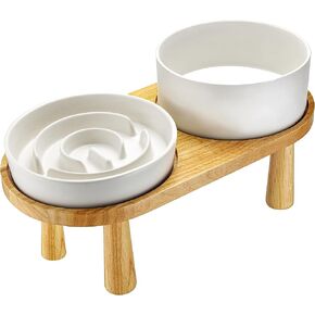 Ceramic Slow Feeder Dog Bowl and Water Bowl Set for Medium and Large Breed, Ceramic Dog Bowls Elevated with Wooden Stand, 2.0 Cups Dog Slow Feeder(30oz) and 70oz Water Bowl Set, White