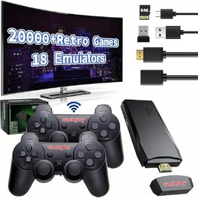 GamingBoy Wireless Retro Game Console Stick, Upgrade Retro Video Gaming Stick Built in 20000+ Games with 18 Emulators, 4K HDMI Output with 2 Pack 2.4G Wireless Controllers for Nostalgia Gifts（64GB）