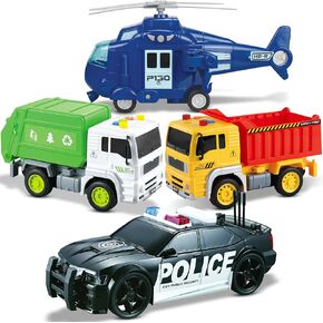 City Car Toy Playset of 4 Vehicles - Friction-Powered w/ Realistic Lights & Sounds - Includes Police Car, Garbage Truck, Construction Dump Truck & Helicopter - Toddler Boys Toy for Kids Ages 3-5