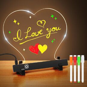 Acrylic Dry Erase Board with LED Light-Up Stand | Heart-Shaped 10"x10" Custom DIY Writing Message Note Board, Night Light Sign, Includes 4 Markers – Gift for Mother's Day, Weddings & Room Decor