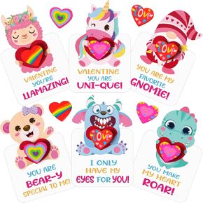 Epakh 24 Sets Valentine's Day Cards and Heart Erasers Set for Kids Valentine Exchange Gift Gnome Unicorn Bear Card Girls Boys School Classroom Prize Gifts Party Favors, 6 Styles