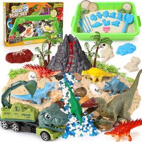 Dinosaur Sensory Bin & Play Sand Toy Kits for Toddlers Kids - 2lbs Magic Sand & Play Set, 10 Dino Molds & 7 Sand Models with Truck, Christmas Birthday Sandbox Gift for Boys Girls 3+ Years Old