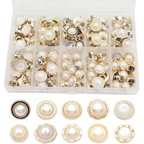 100PCS(10 Styles) Resin Button Decorated with Artificial Pearls for Crafting· Sewing Replacement·Replacement·Knitting Sweaters Handmade Crafts It's stored in a Plastic Box (Gold)