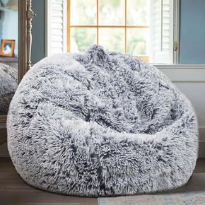 Fluffy Stuffed Animal Storage Bean Bag Chair Cover (No Filler), Faux Fur Comfy Bean Bag Cover for Organizing Plush Toys or Textile, for Adults Teens Kids Girls, Gray