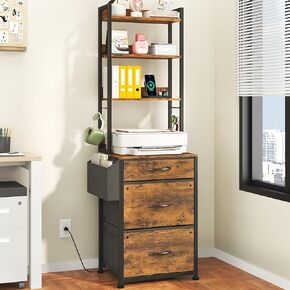 3 Drawer Tall File Cabinet with Charging Station, 4-Tier Filing Cabinet with Adjustable Shelf, Fabric Drawer, File Cabinet for Home Office, Fits A4/Letter/Legal, Rustic Brown, 69''H