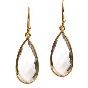 Gempires Clear Quartz Faceted Long Pear Gemstone Drop Dangle Hook Earrings, Statement Jewelry For Her, 1.5 inch Drop 14K Gold Plated, Gift For Woman (Clear Quartz)