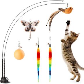 Potaroma Suction Cup Cat Wand Toys, Dual-Wand Interactive Kitten Toy for Indoor Cats with 5 Pcs Feathers Balls Attachments, Charcoal Base