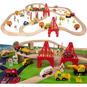 100 Pcs Wooden Train Track Set, Toys Train Railway Vehicles for 3-10 Years Old Kids Boys & Girls Christmas Toys, Fits with Thomas, Brio, IKEA, Melissa and Doug