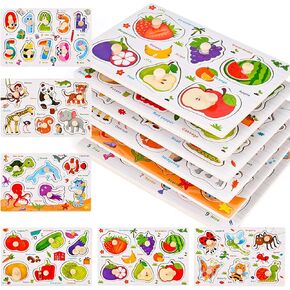 Wooden Peg Puzzles for Toddlers 1-3, 6 PCS Puzzles for Kids, Montessori Toddler Puzzles-Numbers, Vegetables, Fruits, Insects, Sea and Animals Puzzles, Baby Puzzle Gifts for Boys Girls