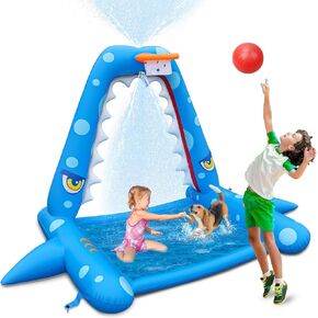 Josen Sprinkler for Kids Outdoor Play ، Giant Shark Shark Toys Toys Splash Pad مع طوق كرة السلة ، لعبة Sprinkler Summer Summer Fame لـ 3-8 سنوات أطفال فتيان.