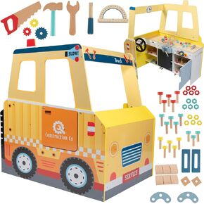 Construction Truck Wooden Playset w 60+ Toy Pieces- Pretend Hammer Saw Bolts & Screws- Spinning Turn Saw, Steering Wheel, Wood to Pull Apart- Dual Sided Play Stand Center, Workbench Building Kids Gift