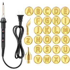 Wood Burning Carving Tools with Letter Stamps, 26 Letters Copper Mold DIY Wood Burning Carving Set, Adjustable Temperature Soldering Iron, for DIY Wood Burning Embossing Pyrography Carving