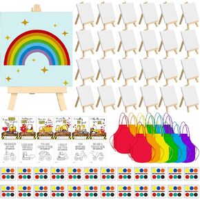 Gosodeny 24 Sets Valentines Watercolor Paint Set Painting Cards Painting Canvas Panel with Wooden Easel Watercolor Paint Painting Brush Kit Valentines Day Cards Packaging Bag Set Gifts