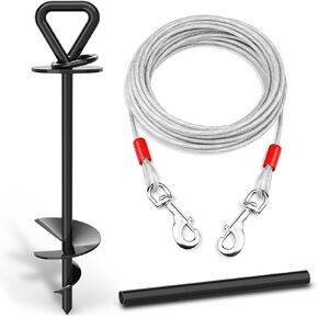 25 ft Dog Tie Out Cable and Stake - Durable & Sturdy Dog Yard Leash and Stake for Small Medium Large Dogs Up to 125lbs No Tangle Dog Leads for Yard Camping Outside (25ft - 125lbs, Black)
