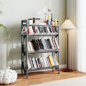 Book Carts 4 Tier Rolling Book Cart Large Capacity Bookshelf Storage Rack Mobile Book Storage with Wheels Cart for Home Office Living Room Classroom 46.5x32x9.84 in (Black)
