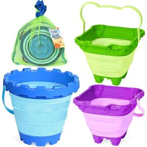 Madzee Collapsible Foldable Beach Sand Buckets and Shovels Set - Beach Toys for Kids with Mesh Bag (3 Buckets)