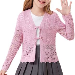 GRACE KARIN Girls Long Sleeve Cardigan Sweater Tie Front Bow V Neck Crochet Knit Lightweight Shrug 5-12 Years