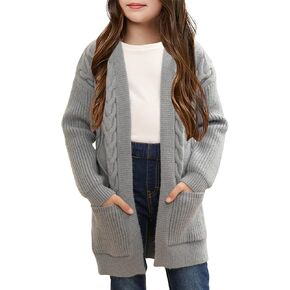 Ermonn Girls Kids Open Front Cardigans Sweaters Long Sleeve Knit Cute Sweater Outwears with Pockets for 5-14 Years