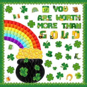 Qilery St. Patrick's Day Bulletin Board Set with Honeycomb Pot Gold Lucky Green Shamrock Cutouts for Classroom School Decorations Happy St Patrick's Day Paper Cutouts Wall Decor Party Supplies