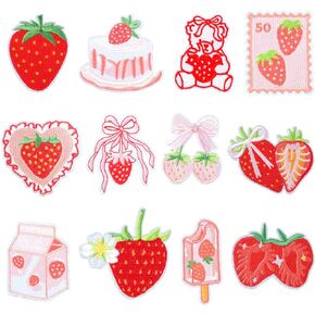 12Pcs Strawberry Iron on Patches Embroidered Fruit Patches Pink Iron on Patches Strawberry Patches Sew on Repair Embroidered Applique Repair Patch for Backpacks Pants Clothes Jeans