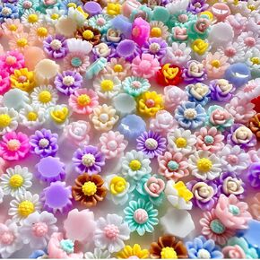 400PCS Flatback Resin Flower Charms Beads for Crafts,Mini Cabochon Charms Mixed Colors Flower Resin Slime Charms Bulk for Nail Art Scrapbooking Decor