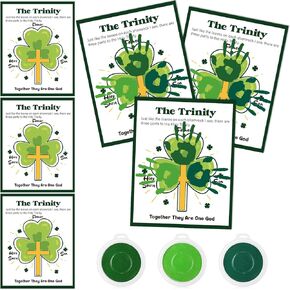 Motipuns 30 Pcs St. Patrick's Day Handprint Cards with 3 Pcs Large Ink Pads Shamrock Craft Kits for Sunday School Crafts Supplies Religious St. Patrick's Day Activity for Church Spring Crafts