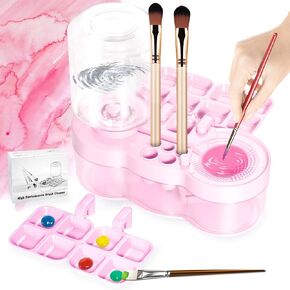 Paint Brush Cleaner with Paint Tray, Upgraded 6-in-1 Painting Supplies with Drain and Brush Holder, Water Circulation Painting Supplies for Acrylic, Watercolor, Water Based Paints（Pink Color）